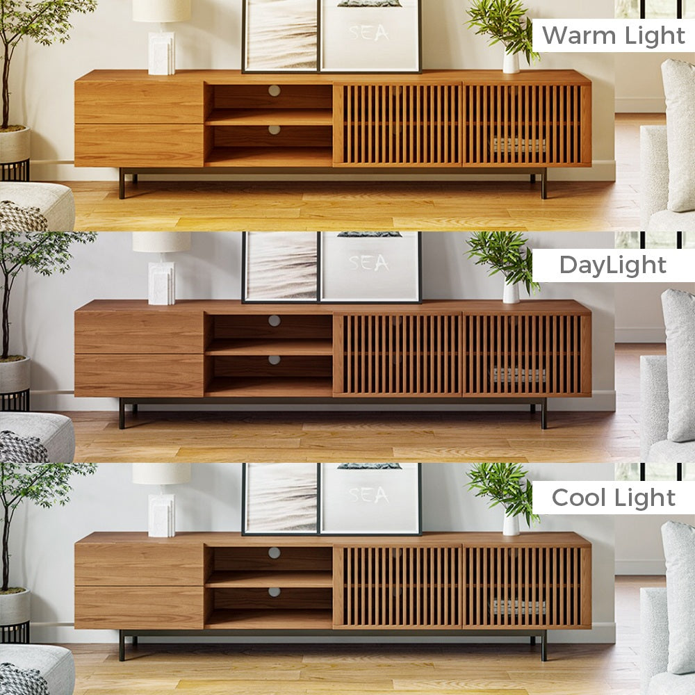 Mid-Century Modern Wood TV Stand with Louvered Slatted Doors, Open Storage, Tall-Cast Metal Legs