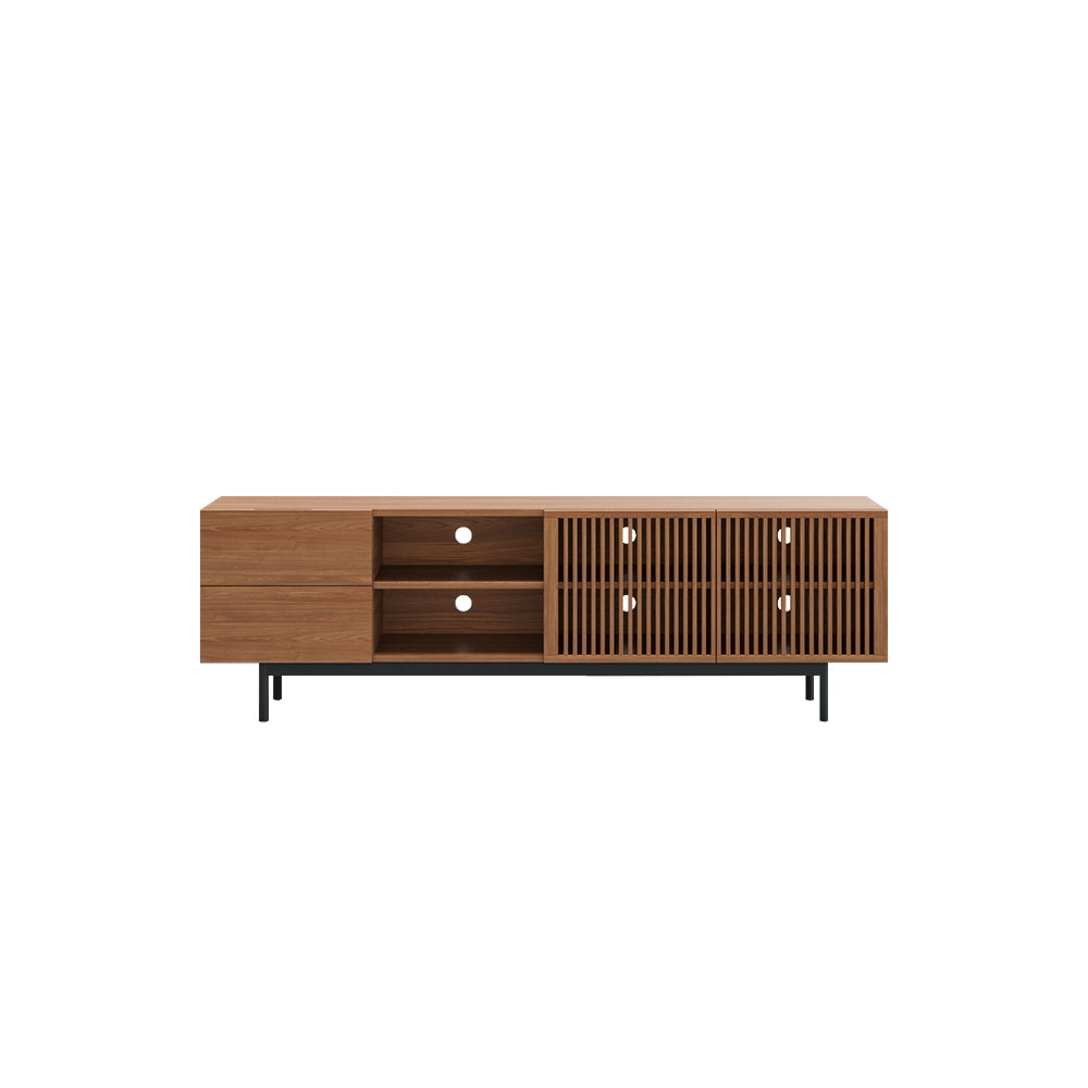 Mid-Century Modern Wood TV Stand with Louvered Slatted Doors, Open Storage, Tall-Cast Metal Legs