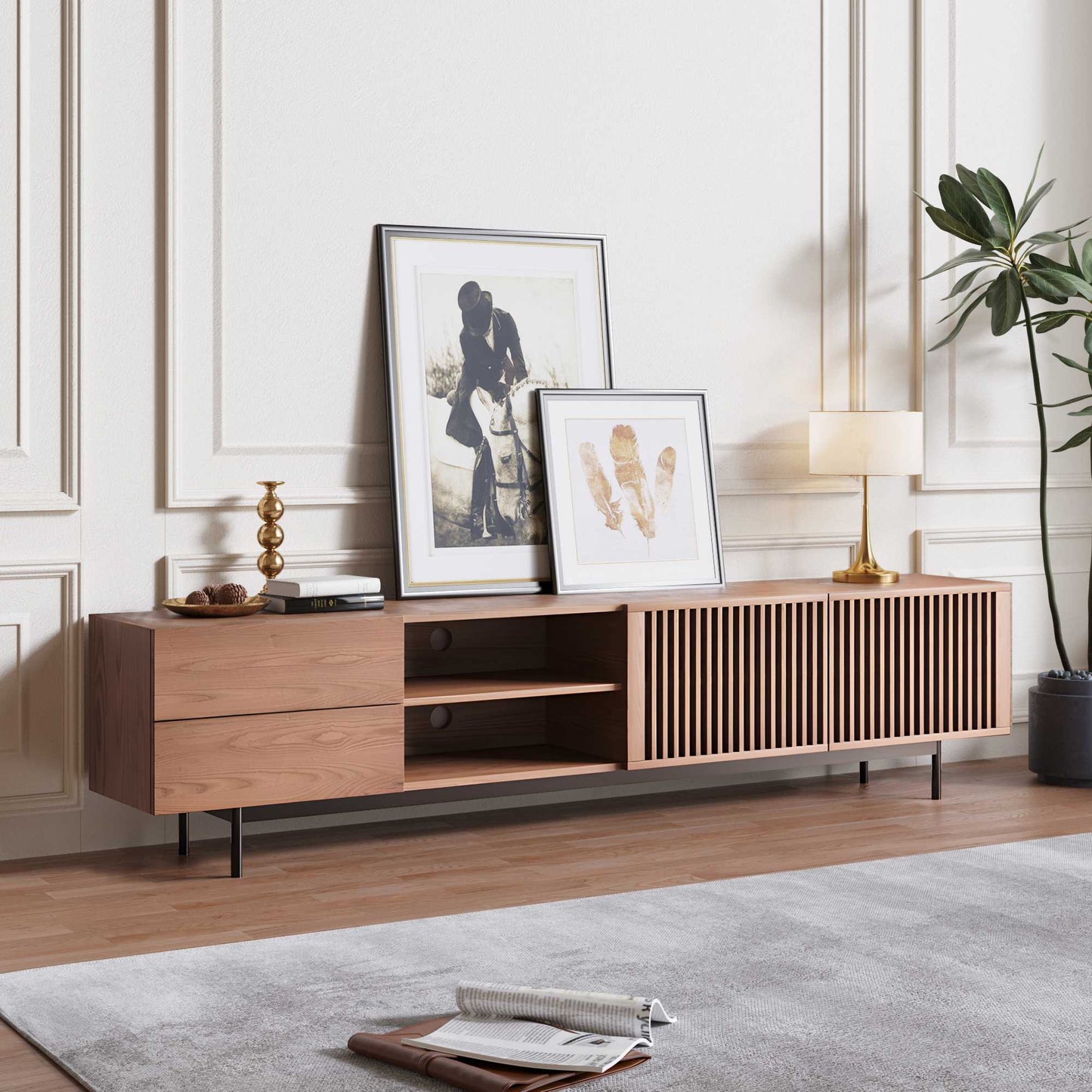 Mid-Century Modern Wood TV Stand with Louvered Slatted Doors, Open Storage, Tall-Cast Metal Legs