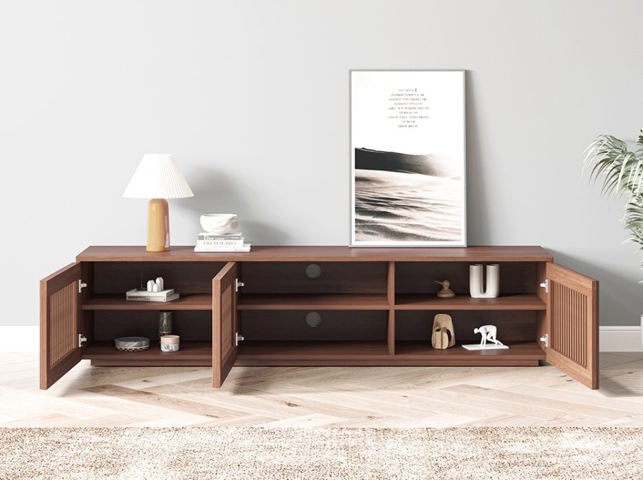 Minimalist TV Stand, Wood Slatted Entertainment Center Media Console, Mid-Century Modern TV Console
