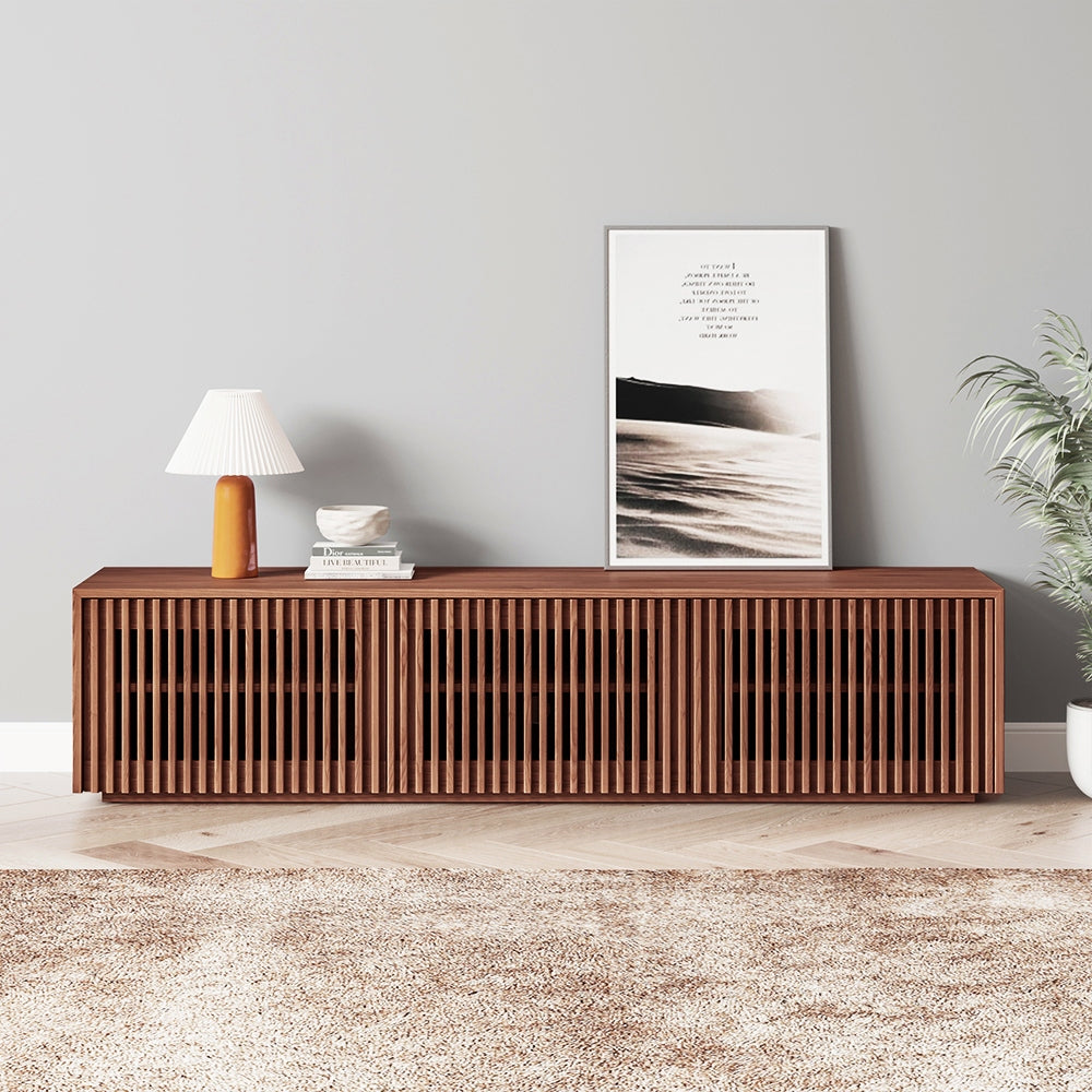 Minimalist TV Stand, Wood Slatted Entertainment Center Media Console, Mid-Century Modern TV Console