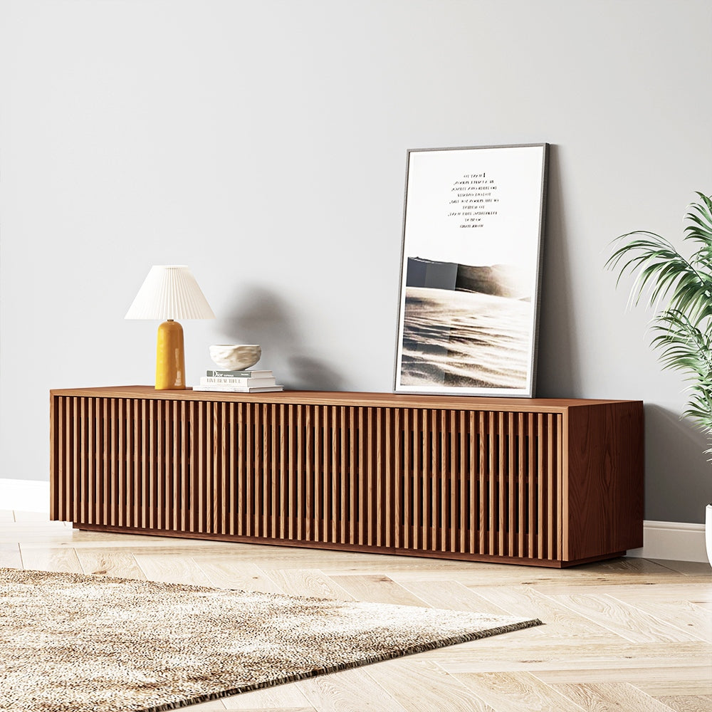 Minimalist TV Stand, Wood Slatted Entertainment Center Media Console, Mid-Century Modern TV Console