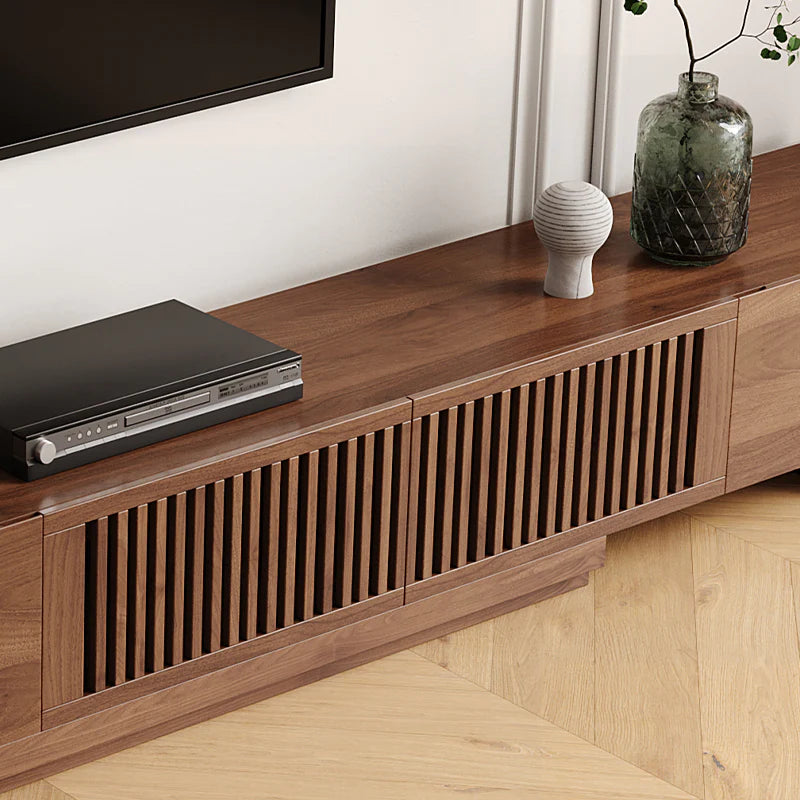Mid Century Modern TV Stand, Retractable Wood Media Console with 2 Cabinets and 2 Drawers, Walnut Veneer