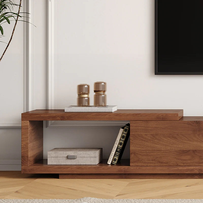 Mid Century Modern TV Stand, Retractable Wood Media Console with 2 Cabinets and 2 Drawers, Walnut Veneer