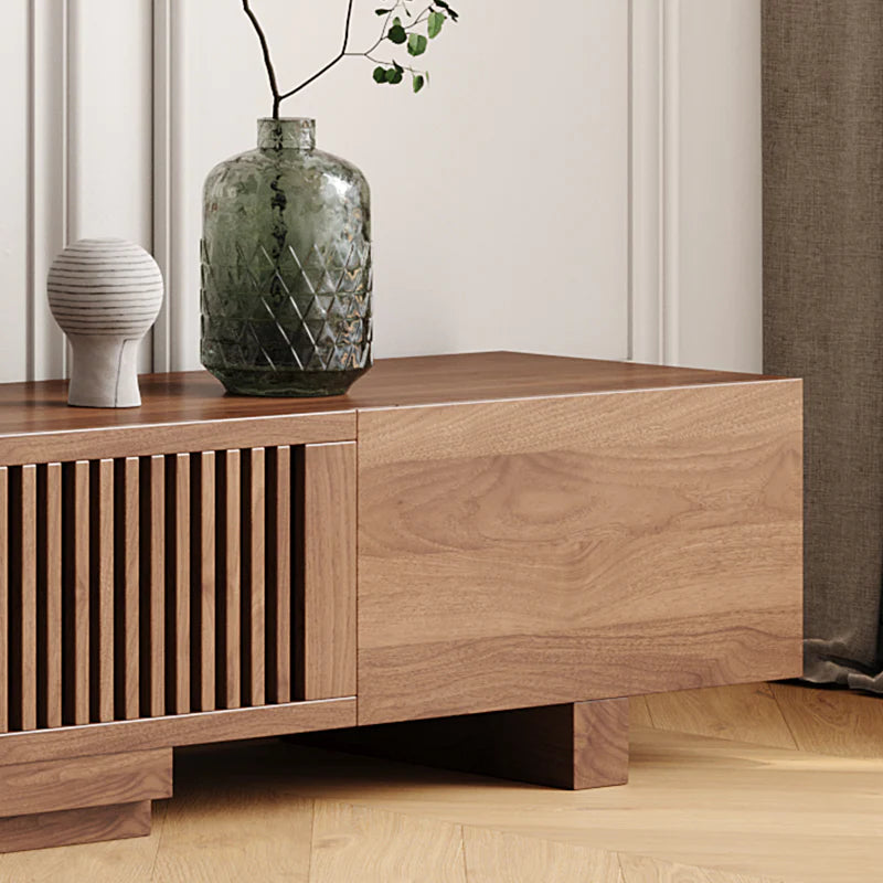 Mid Century Modern TV Stand, Retractable Wood Media Console with 2 Cabinets and 2 Drawers, Walnut Veneer