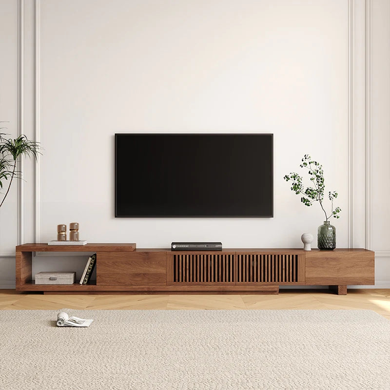 Mid Century Modern TV Stand, Retractable Wood Media Console with 2 Cabinets and 2 Drawers, Walnut Veneer