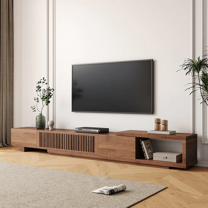 Mid Century Modern TV Stand, Retractable Wood Media Console with 2 Cabinets and 2 Drawers, Walnut Veneer