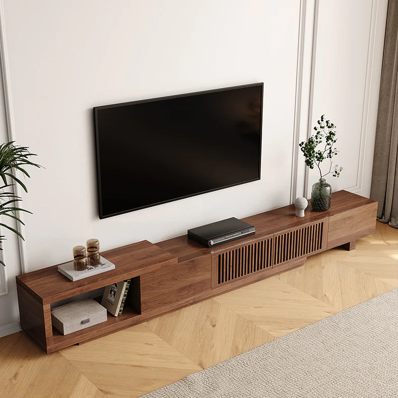 Mid Century Modern TV Stand, Retractable Wood Media Console with 2 Cabinets and 2 Drawers, Walnut Veneer