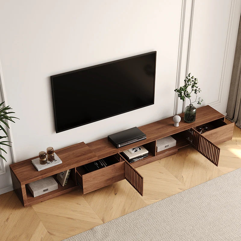 Mid Century Modern TV Stand, Retractable Wood Media Console with 2 Cabinets and 2 Drawers, Walnut Veneer