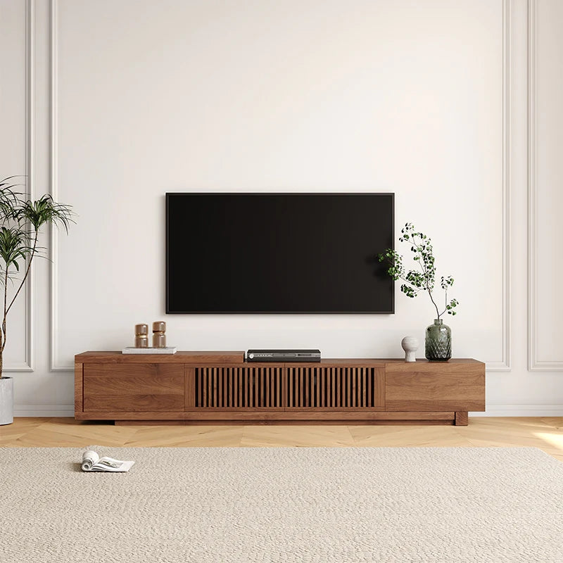 Mid Century Modern TV Stand, Retractable Wood Media Console with 2 Cabinets and 2 Drawers, Walnut Veneer