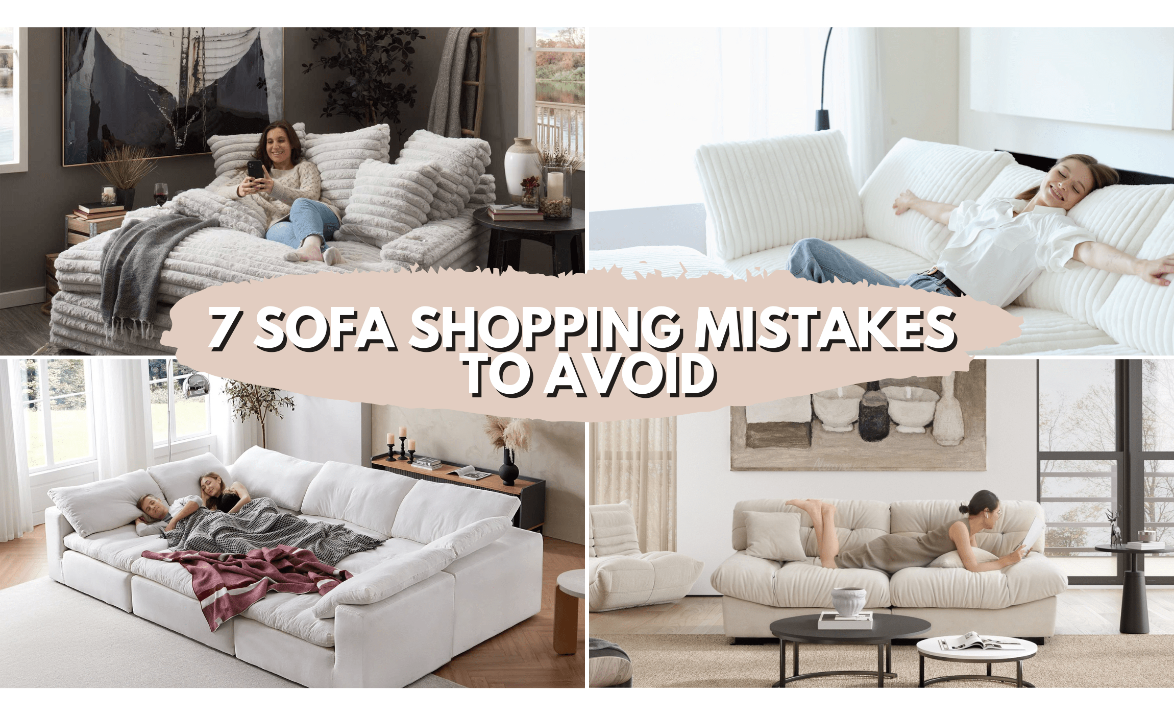 Collage of people sitting or laying on sofas