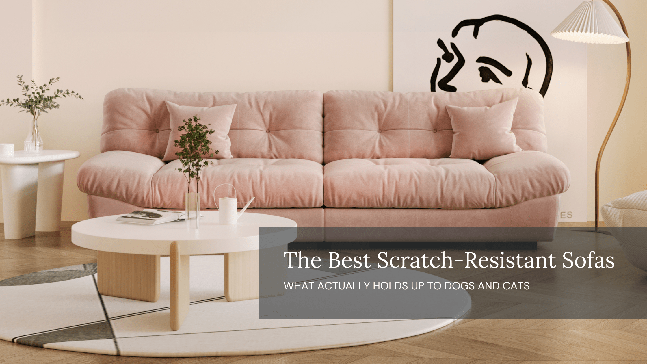 Dusty pink 105 inches sofa with text overlay.