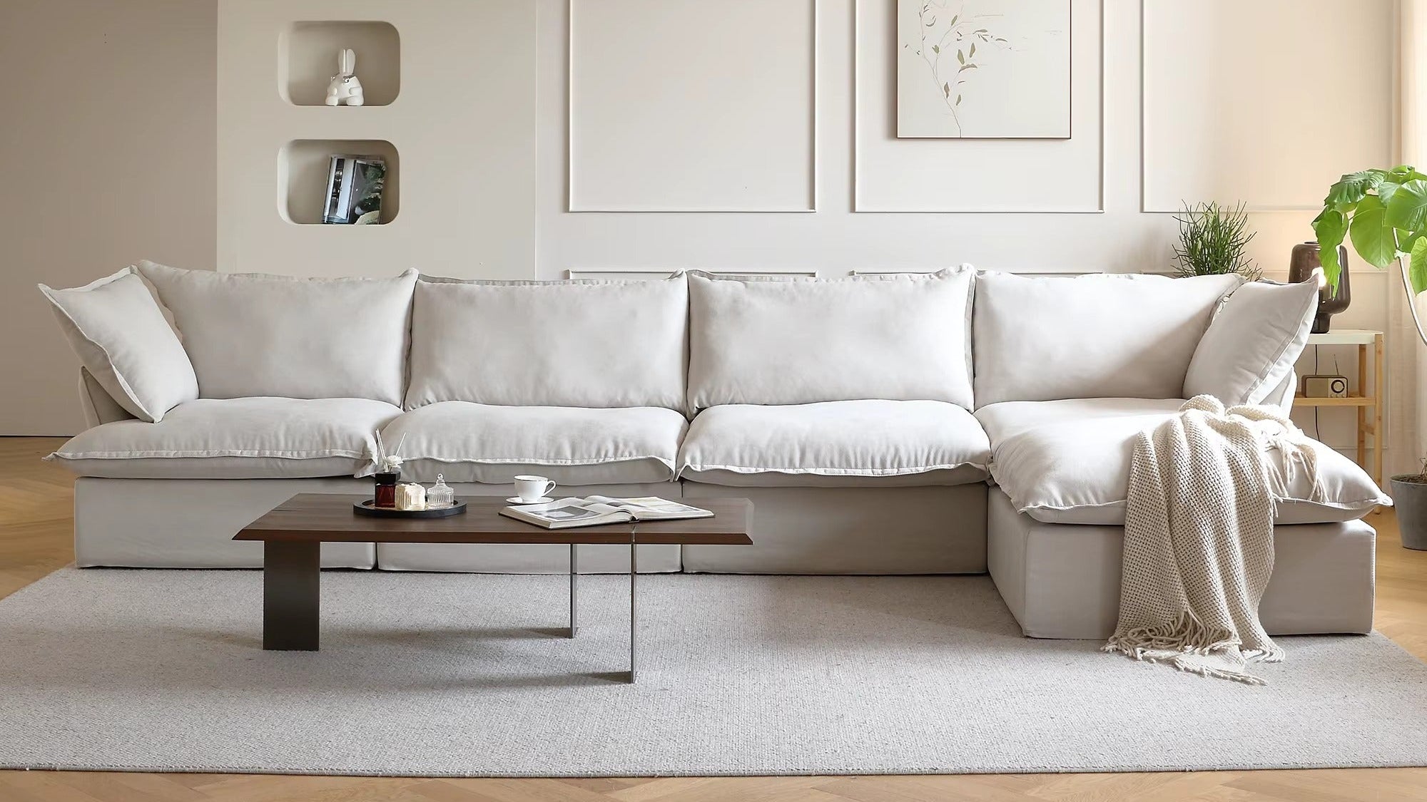 Beige 4-seater with ottoman upholstered in linen fabric featuring replaceable washable covers