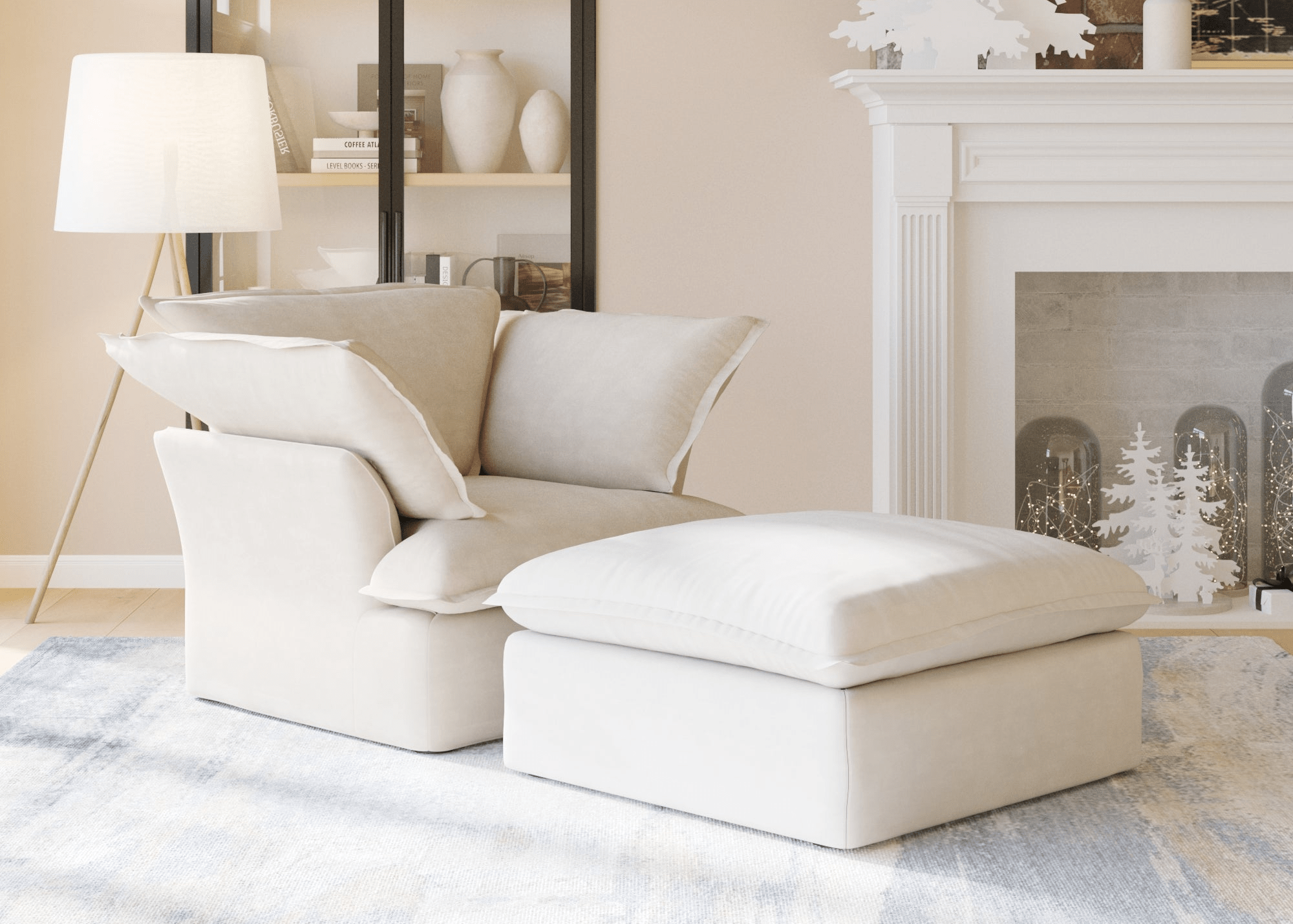 Beige armchairs with ottoman upholstered in linen fabric featuring washable covers