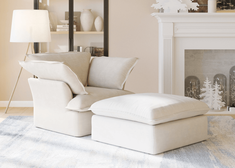 Beige armchairs with ottoman upholstered in linen fabric featuring washable covers