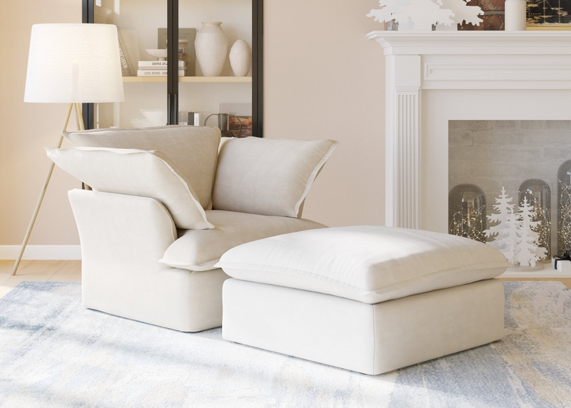 Beige armchairs with ottoman upholstered in linen fabric featuring washable covers