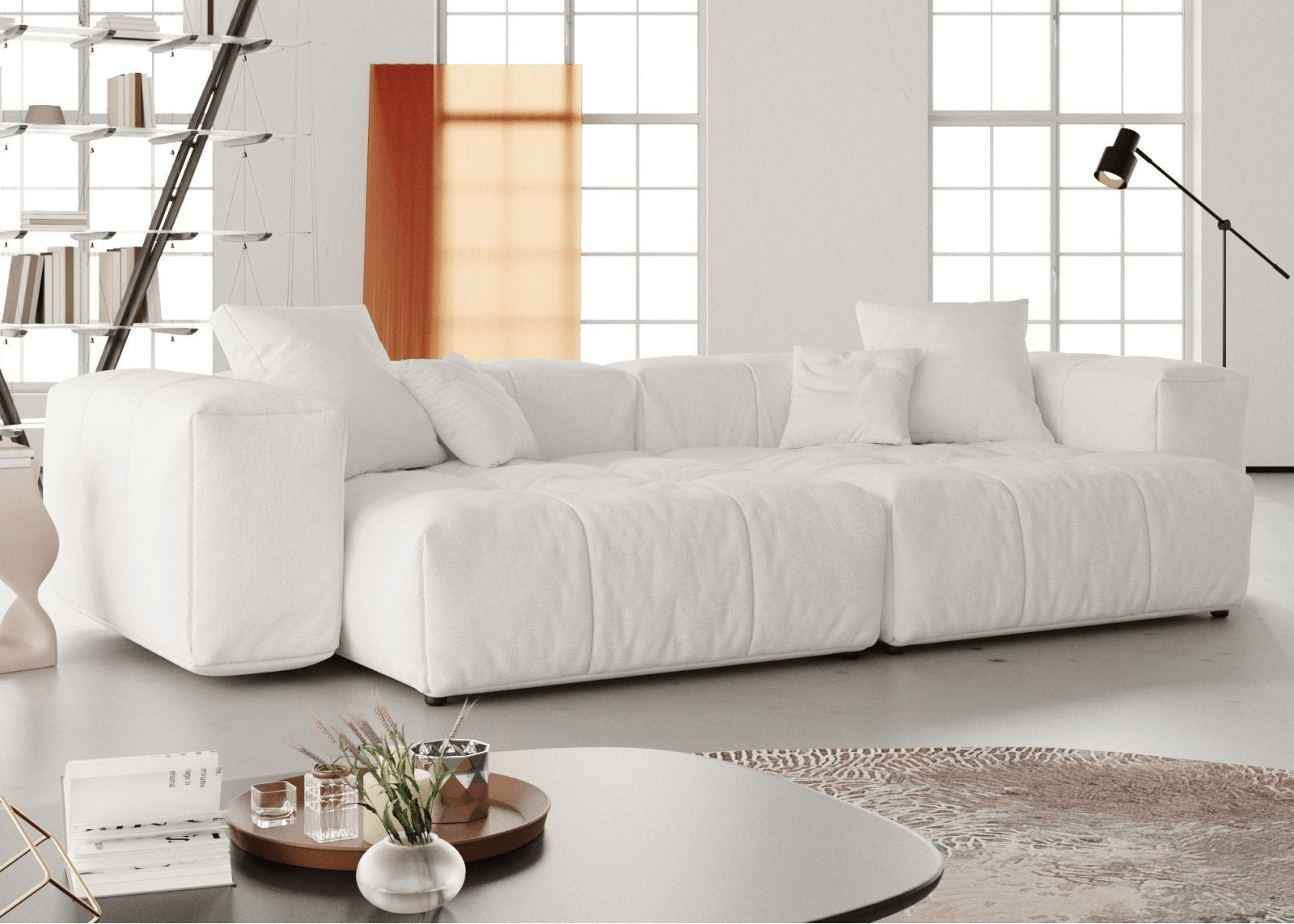 Orange togo-style sofas set of 3-seater, armchair and ottoman.