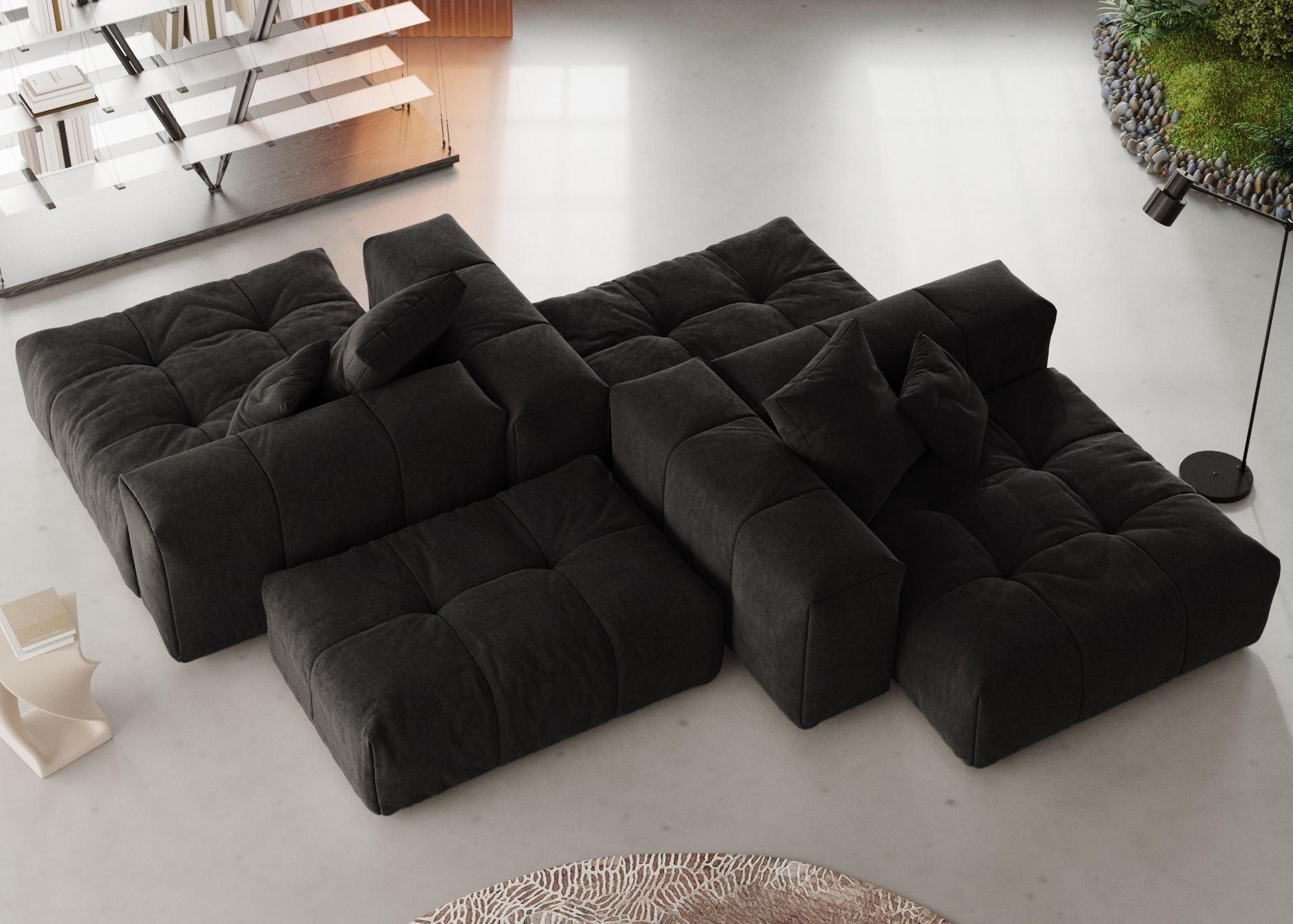 Gray modular corner sectional upholstered in eco-linen fabric.
