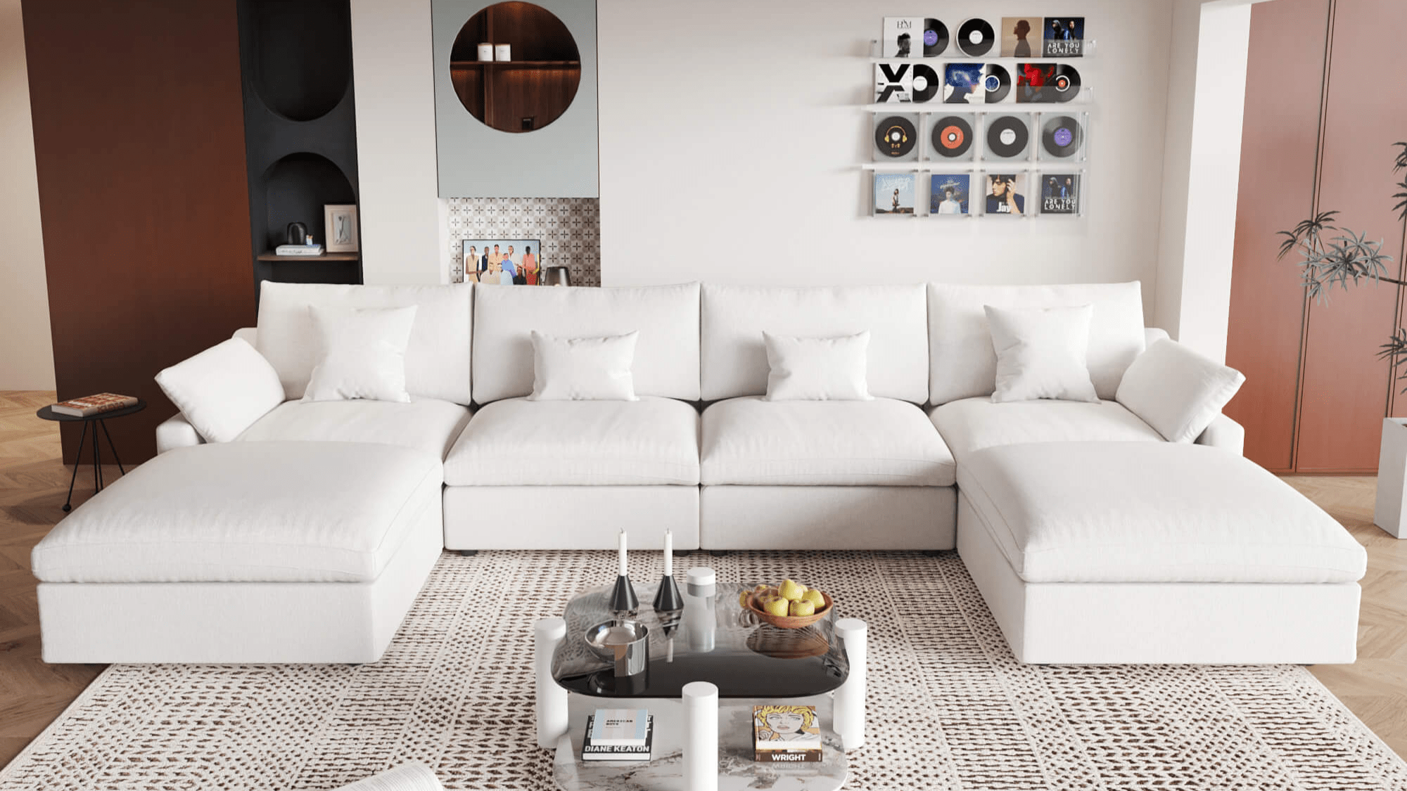 White linen 4-seater U-sectional with slope arms and washable covers