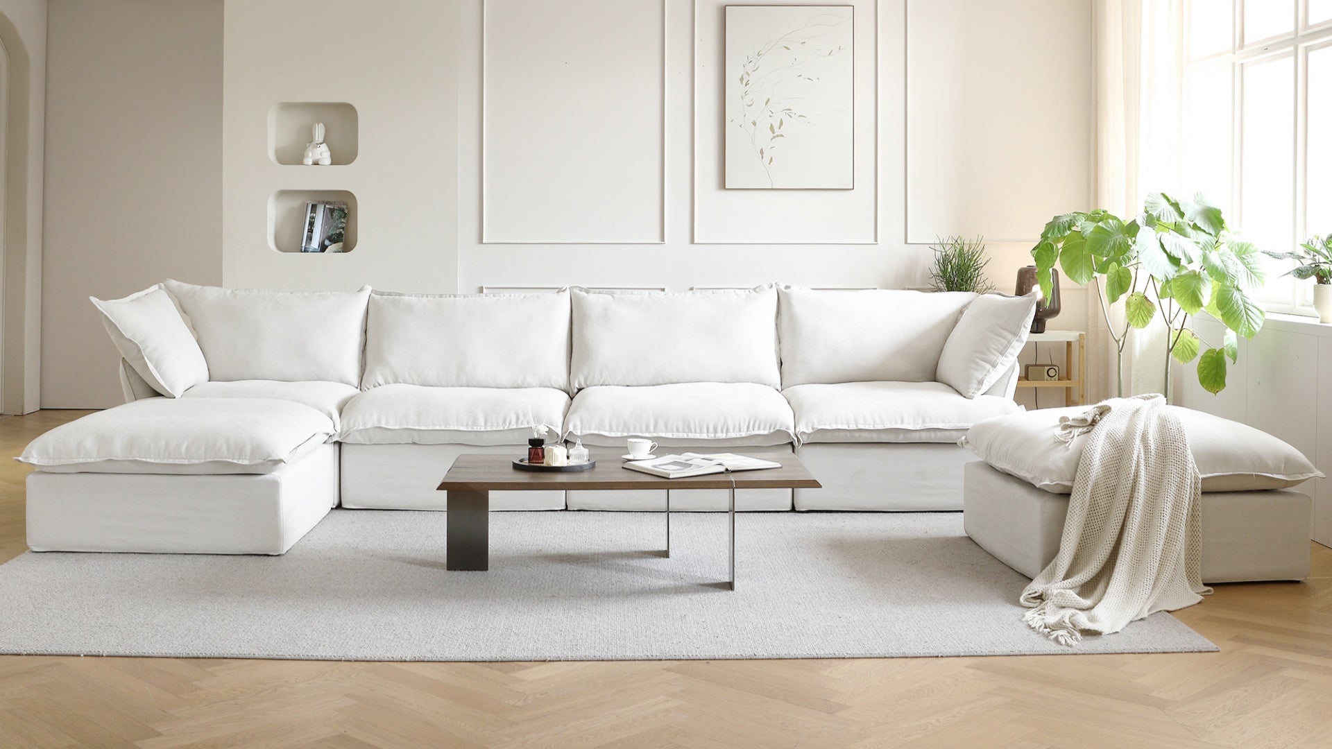 White linen 4-seater U-sectional with washable covers in a modern living room