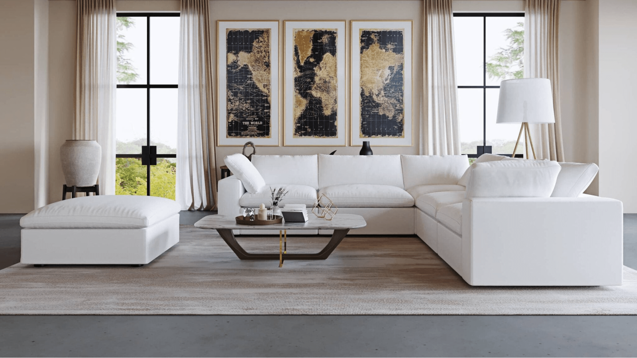 White 5-seater corner cloud couch with ottoman upholstered in linen, featuring washable covers.