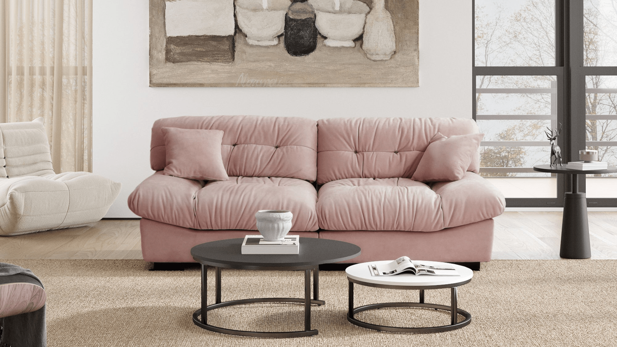Pink modular 89 inch sofa that splits into two chairs.