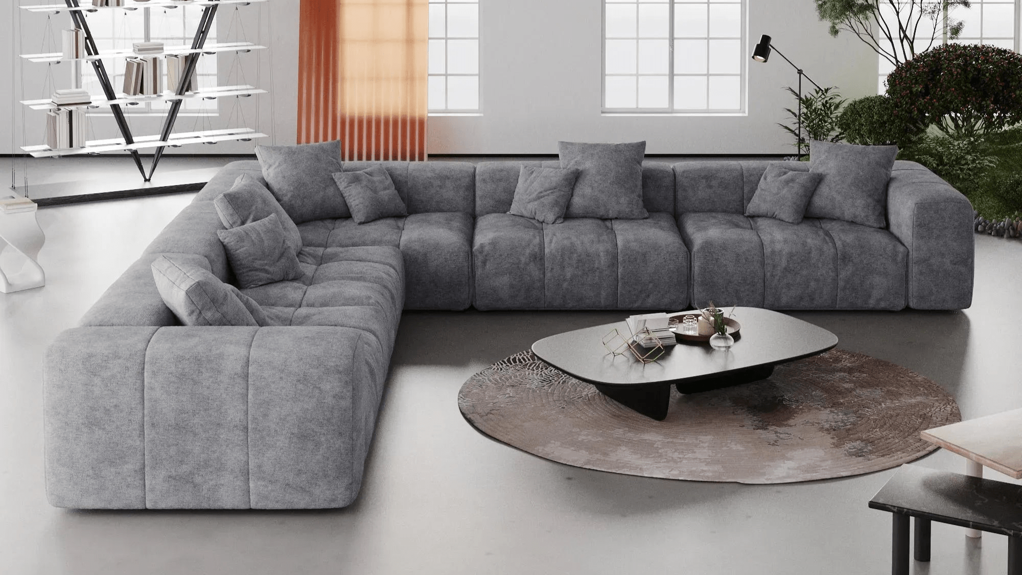 Gray 5-seater corner sectional in a modern living room.