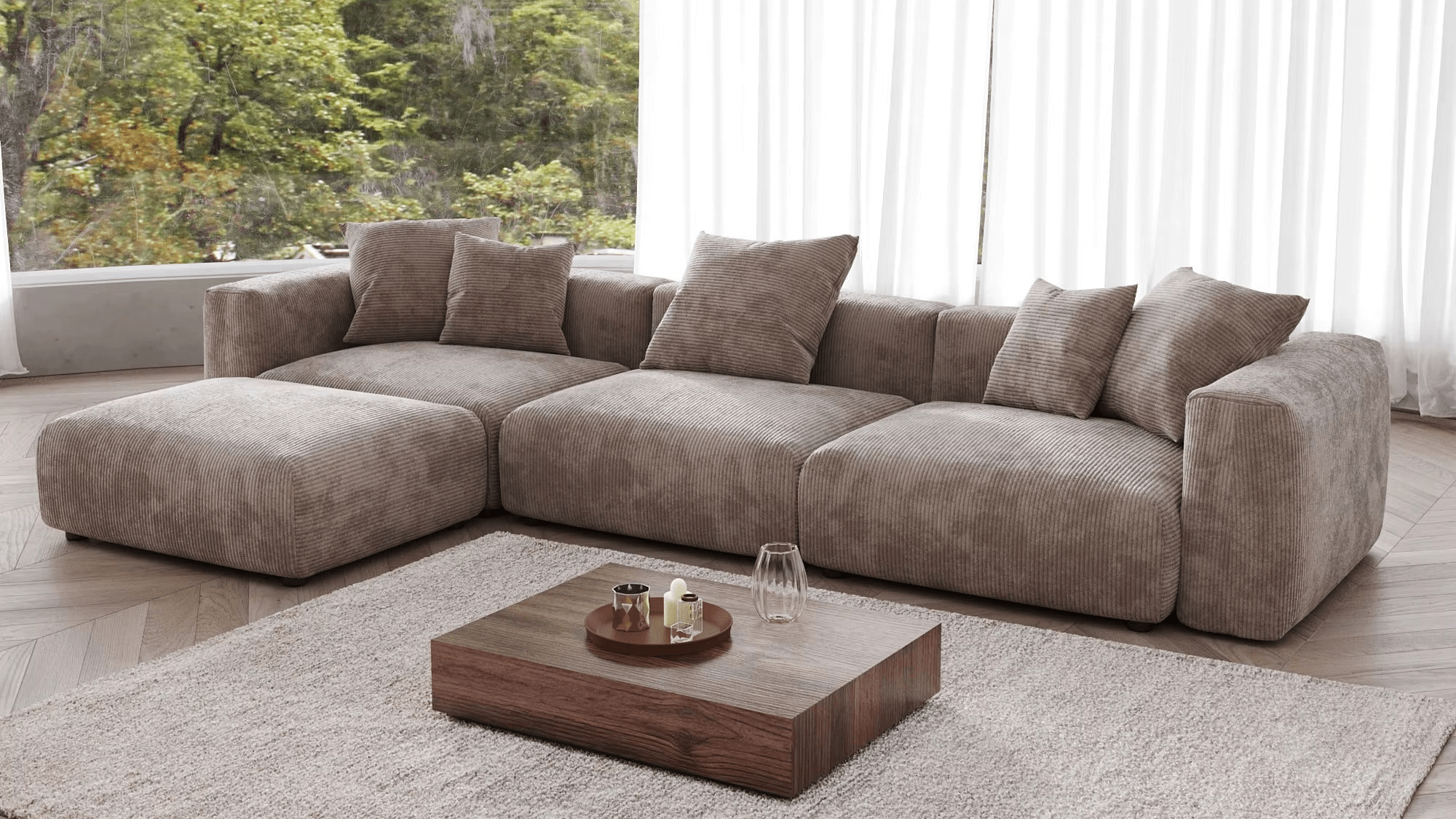 Brown corduroy 3-seeater L-shaped sectional with washable covers