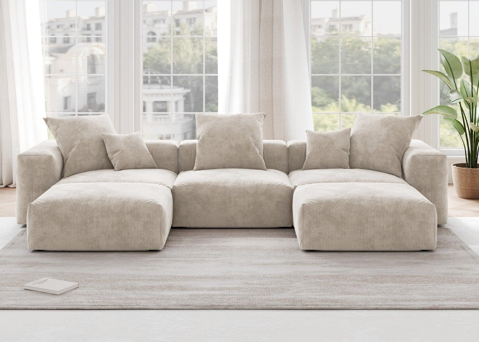 Beige 3-seater sectional upholstered in corduroy fabric