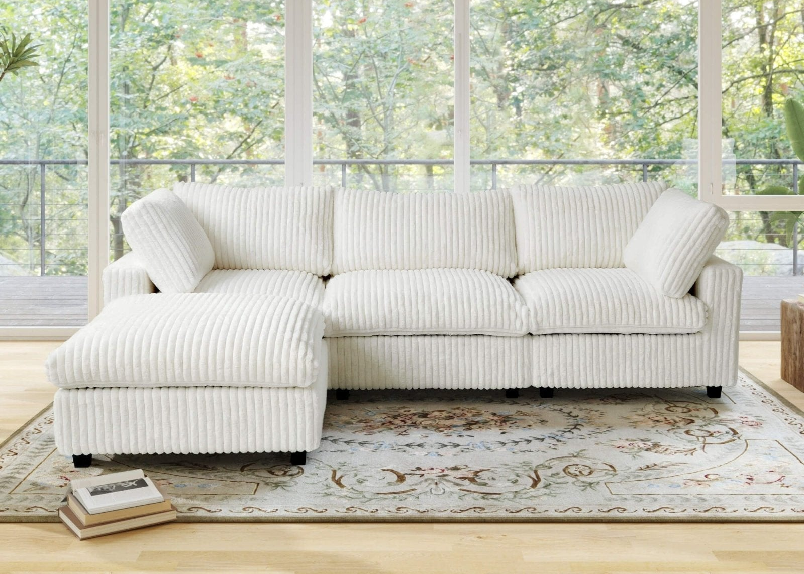 Brown faux fur L-shaped sectional with extra ottoman and washable covers.