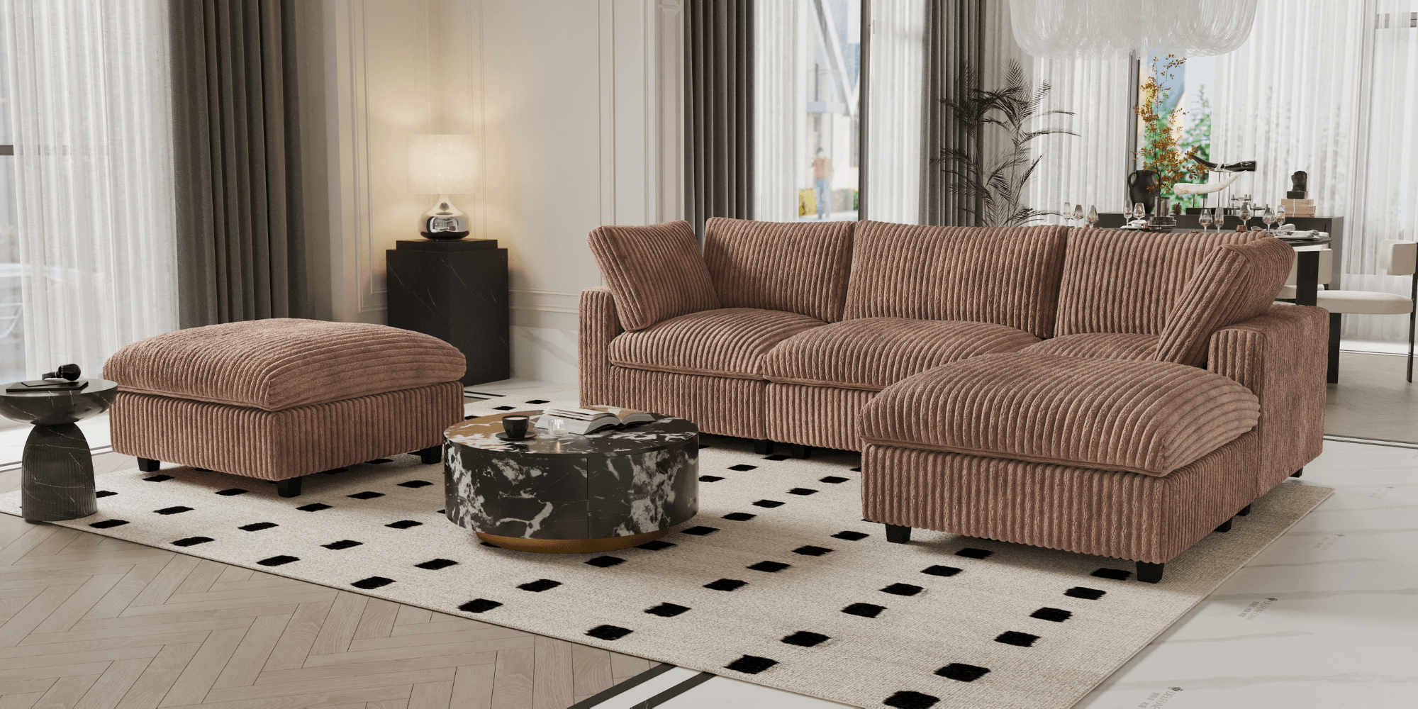 Brown faux fur L-shaped sectional with extra ottoman and washable covers.