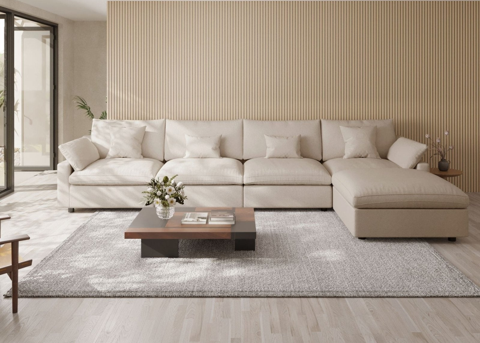 Khaki 5-seater corner sectional and ottoman, cloud couch with replaceable covers