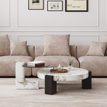Round White Marble Coffee Table with Side Table