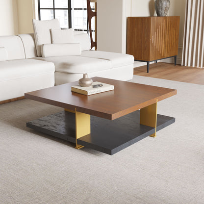 Square Wood Coffee Table, Two-Tier with Storage