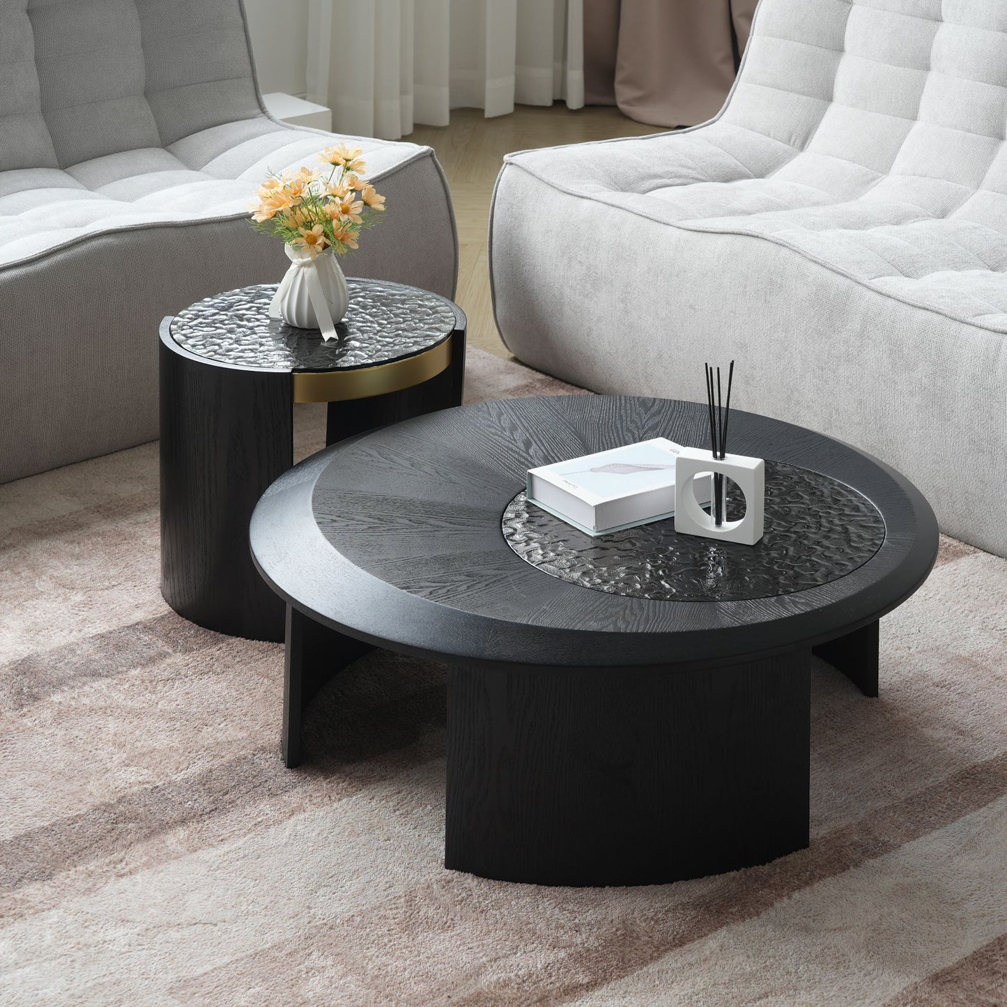 Wood Round Coffee Table and Round Accent Table Set