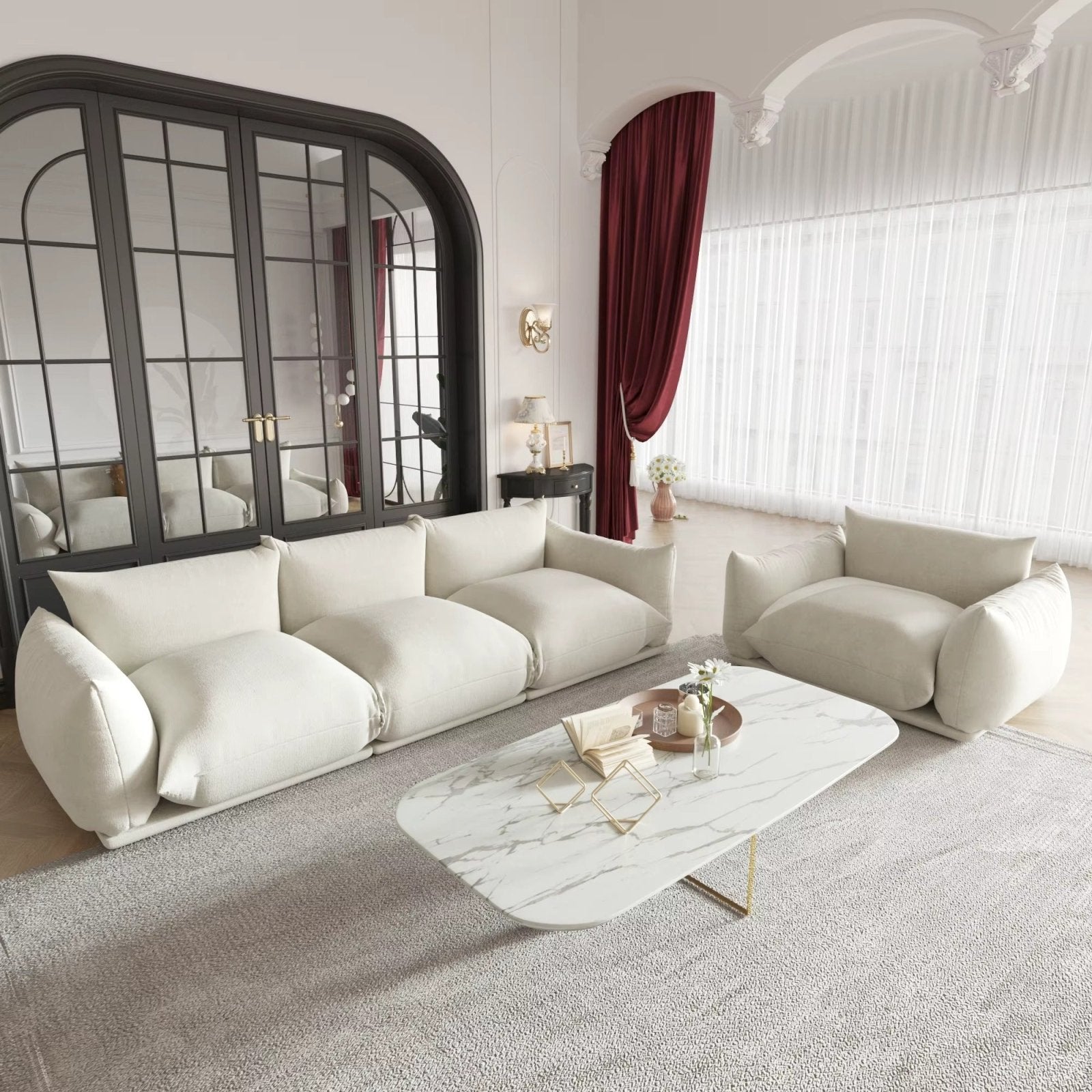 Set of beige chenille overstuffed 3-seater sofa and armchair.