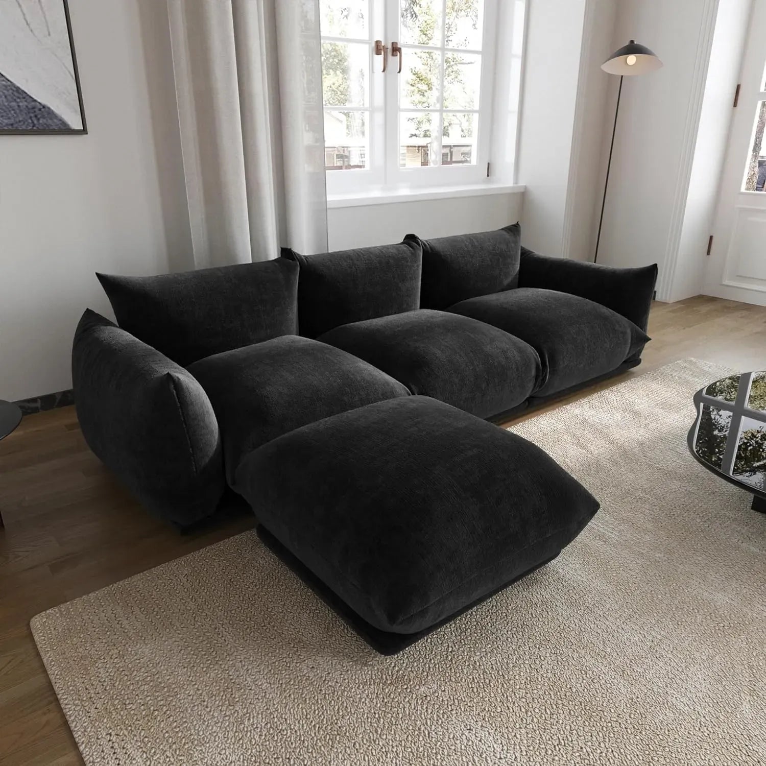 Modular Overstuffed 3-Seater L-Shaped Sectional in Black