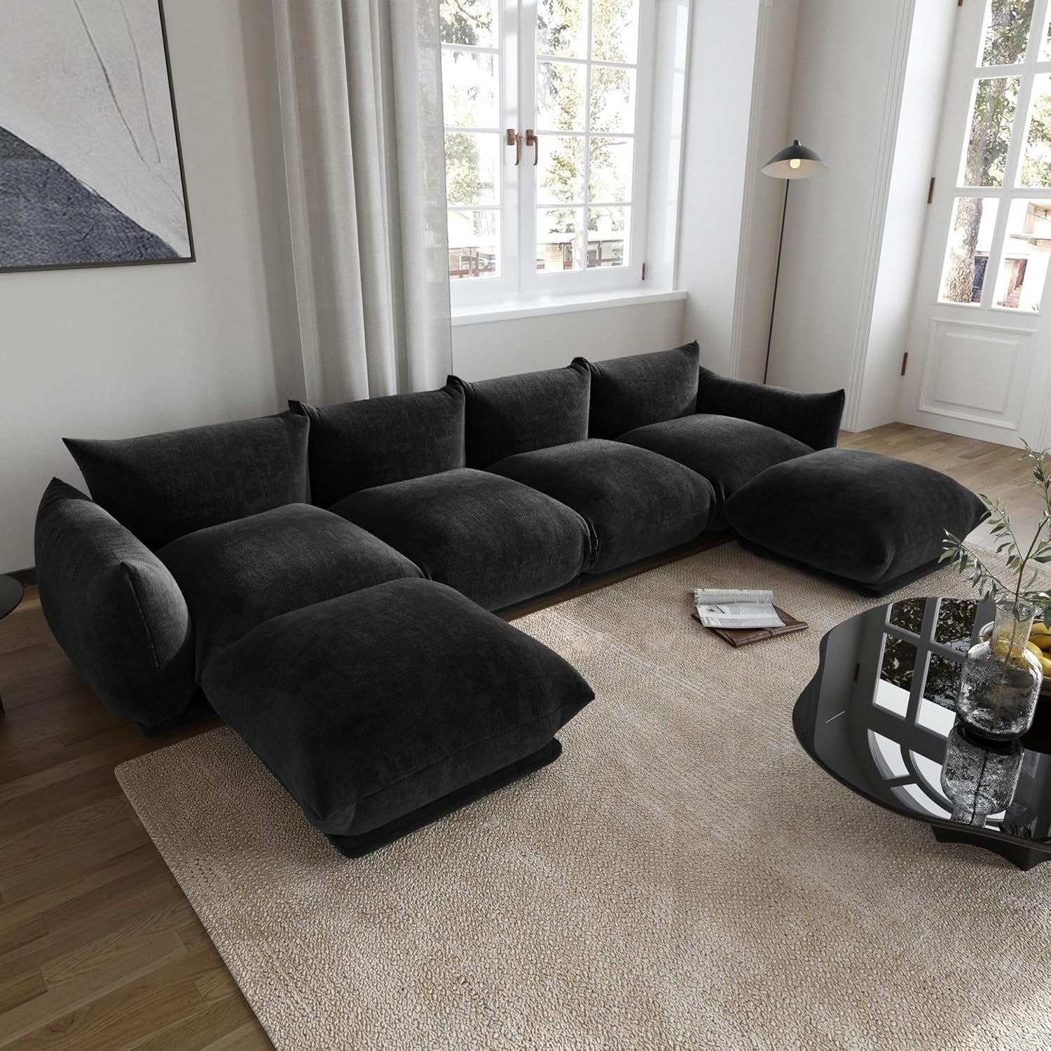Modular Overstuffed 4-Seater U-Shaped Sectional in Black