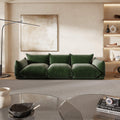 Emerald green overstuffed chenille 3-seater sofa, low-profile design.