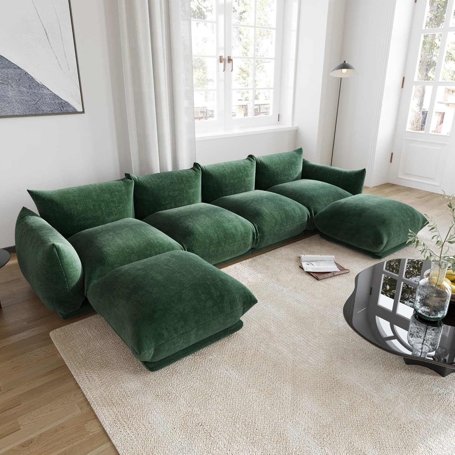 Modular Overstuffed 4-Seater U-Shaped Sectional in Emerald Green