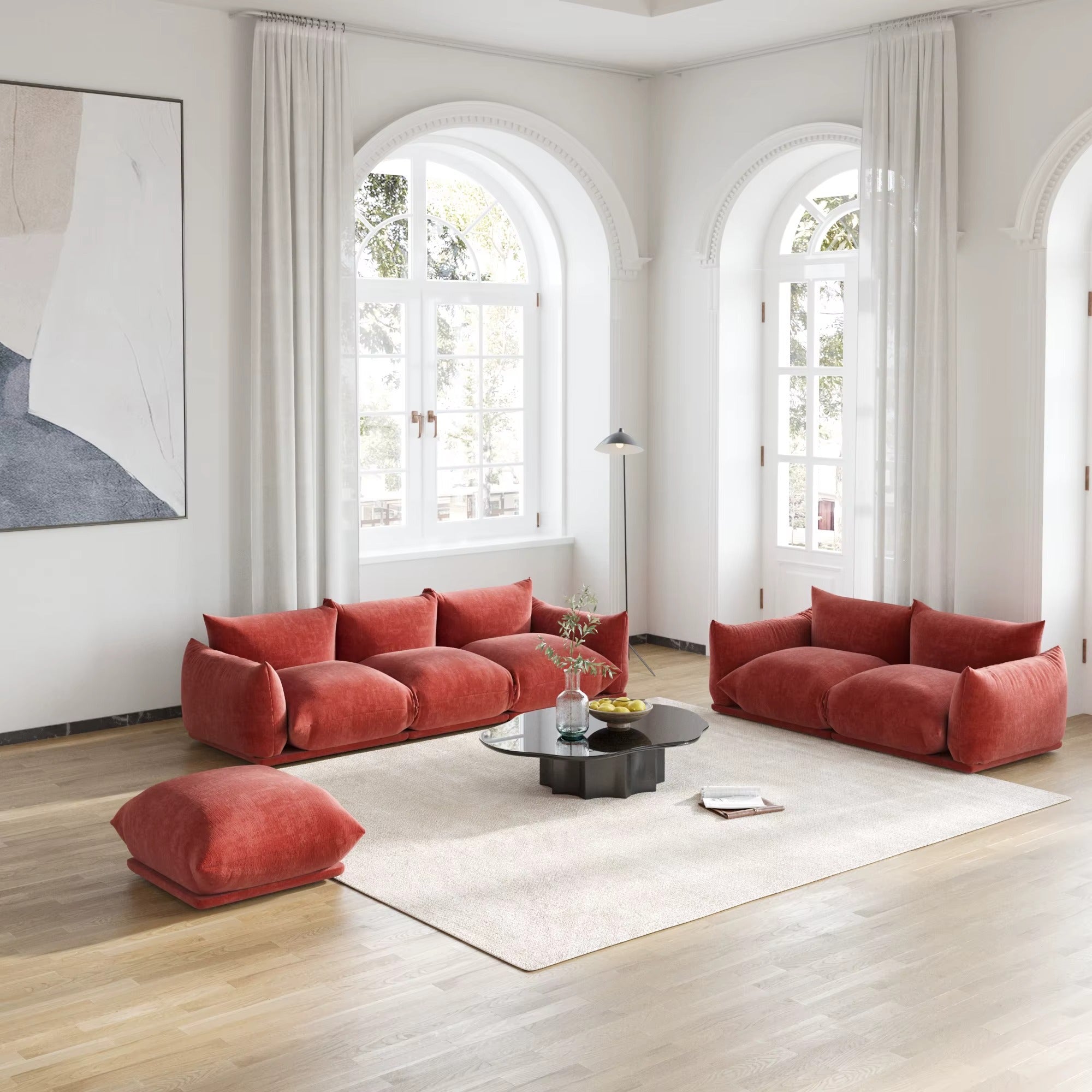 Modular Overstuffed 3-Seater L-Shaped Sectional in Blood Orange