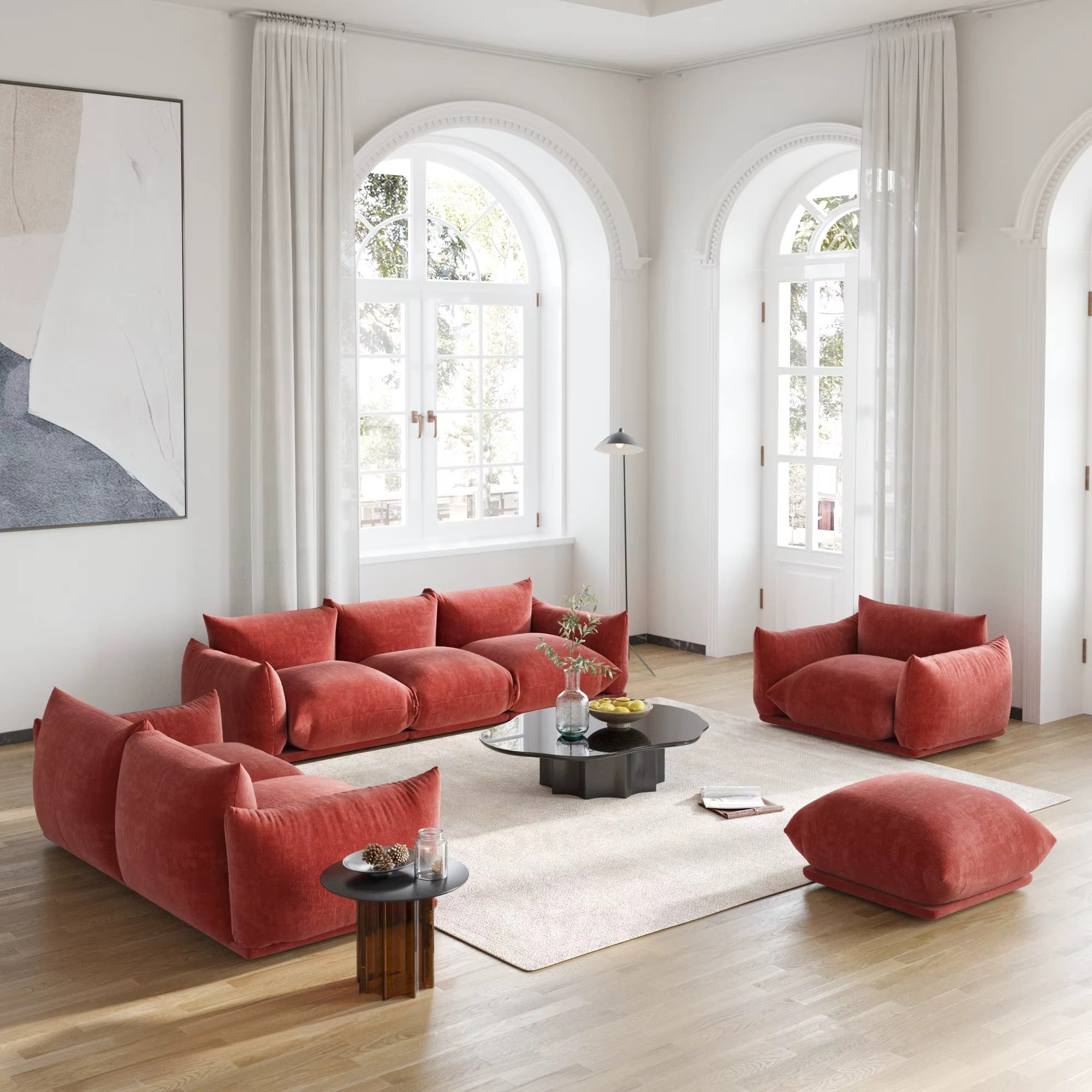 Modular Overstuffed 3-Seater L-Shaped Sectional in Blood Orange