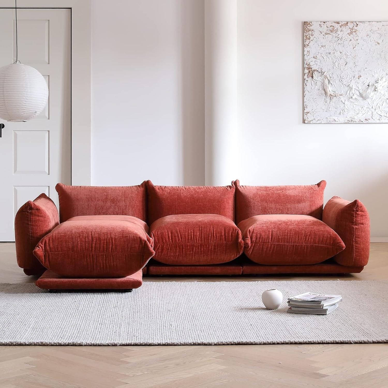 Modular Overstuffed 3-Seater L-Shaped Sectional in Blood Orange