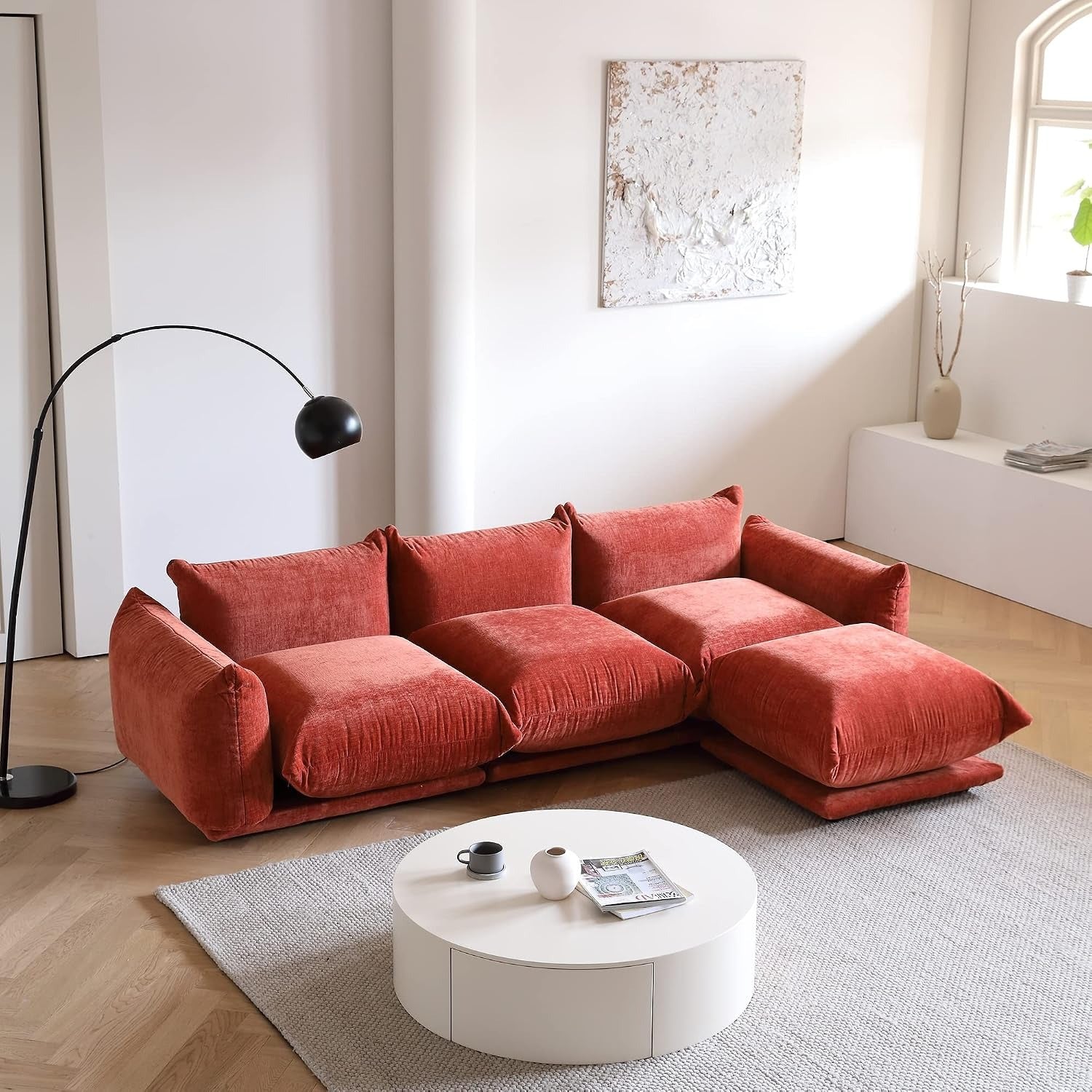 Modular Overstuffed 3-Seater L-Shaped Sectional in Blood Orange