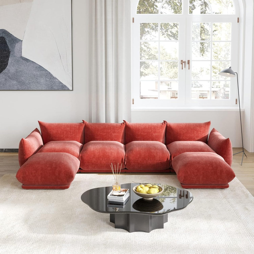 Modular Overstuffed 4-Seater U-Shaped Sectional in Blood Orange