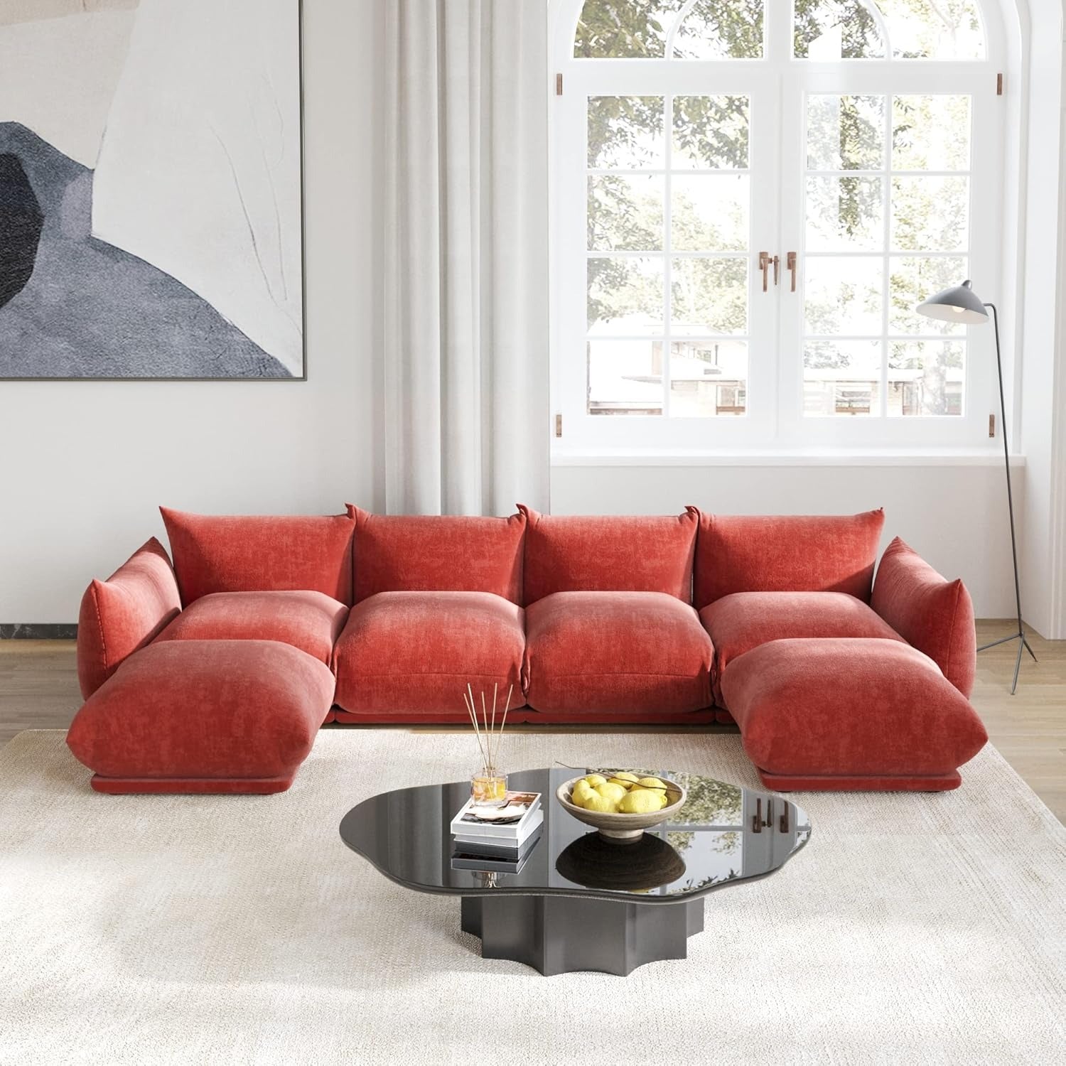Modular Overstuffed 4-Seater U-Shaped Sectional in Blood Orange