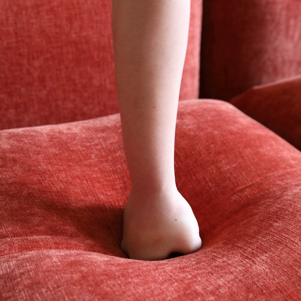 Blood orange overstuffed chenille armchair foam density detail