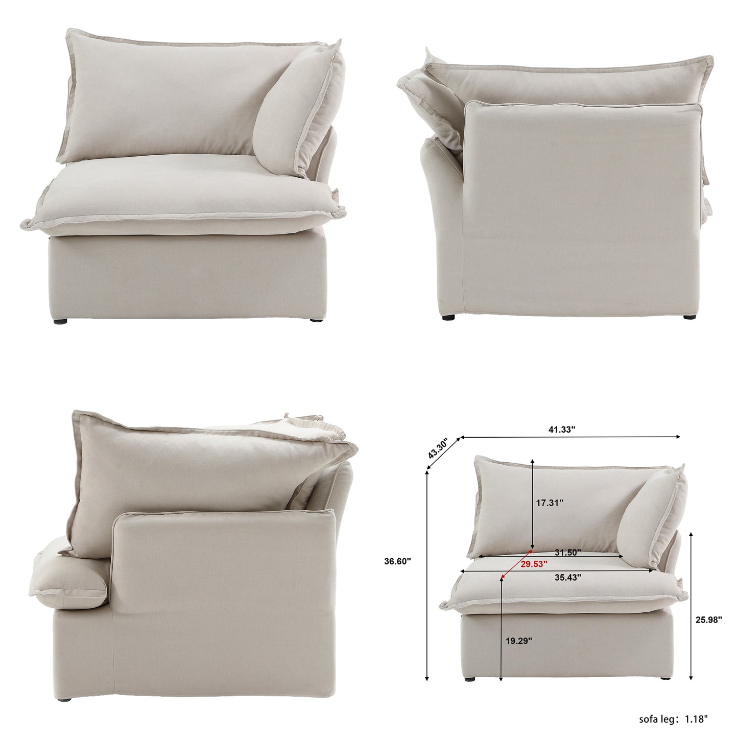 dimensions for armrest seat for linen sectional sofa