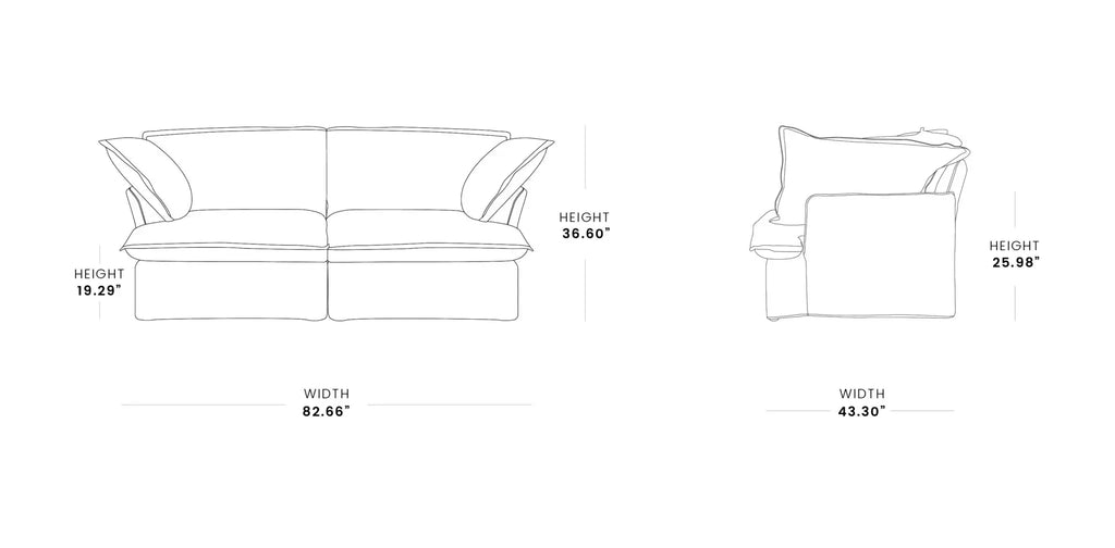 Technical drawing of a sofa with dimensions labeled