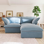Baby blue 2-seater sofa with ottoman, velvet fabric and washable slipcovers.